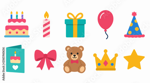 Colorful birthday party icons and celebration symbols.