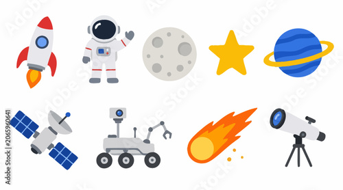 Colorful Space Exploration Icons and Symbols Collection.
