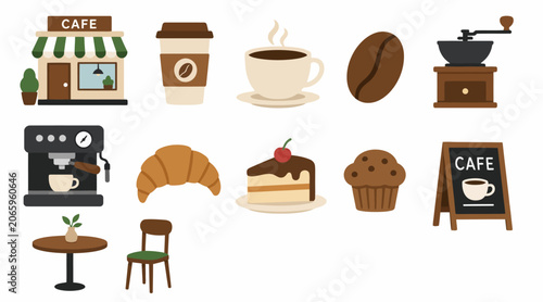 Flat design coffee shop icons and illustrations.