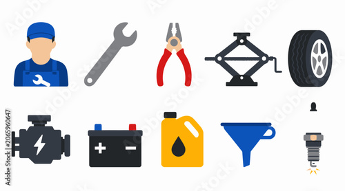 Flat Design Icons for Automotive and Mechanical Tools.