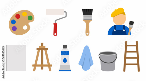 Colorful Art and Painting Tools Flat Design Icons.