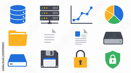 Colorful icons representing data storage and security concepts.