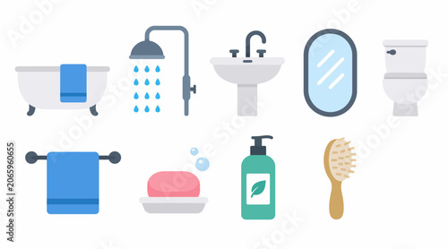 Colorful bathroom icons set with various fixtures and accessories.
