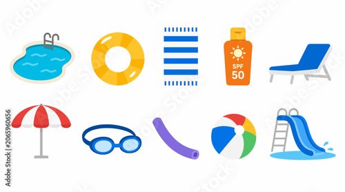 Colorful summer beach and pool icons set.