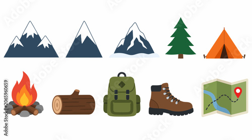 Camping and hiking icons set for outdoor adventures.