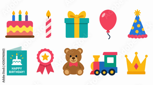 Colorful birthday party icons and celebration symbols.