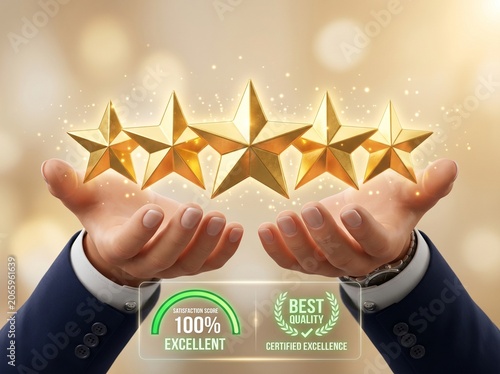 Businessmen's hands holding five gold stars as a symbol of excellent quality, 100% customer satisfaction, and certified excellence.