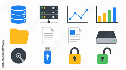 Flat design icons for data storage and security concepts.