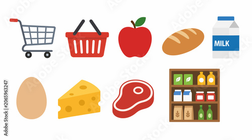 Colorful flat icons of groceries and shopping items.
