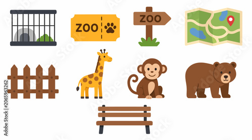 Colorful Zoo and Animal Park Icons Collection.