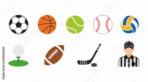 Collection of various sports equipment and icons.