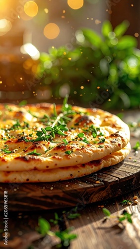Freshly baked focaccia flatbread topped with aromatic rosemary and herbs on a rustic wooden board, warm golden hour lighting and bokeh background