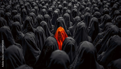 Orange Hooded Figure Standing Out in a Sea of Black Cloaked Crowd, Concept of Individuality and Contrast