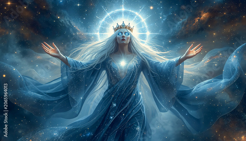 Celestial Goddess Queen With Crown and Radiant Heart Light Surrounded by Cosmic Stars