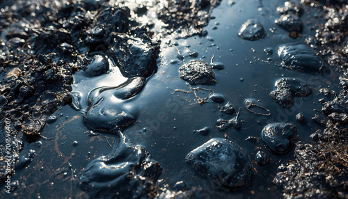 Oil Spill and Tar Pollution on Shoreline Soil With Black Sludge, Slick Surface and Environmental Damage