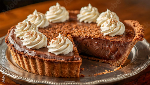 Decadent Chocolate Cream Pie With Whipped Cream Dollops On A Silver Platter, Slice Removed