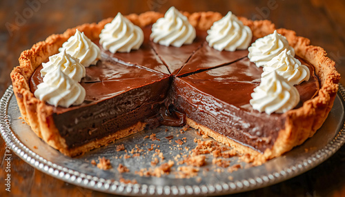 Decadent Chocolate Cream Pie With Whipped Cream Dollops On A Silver Platter, Slice Removed