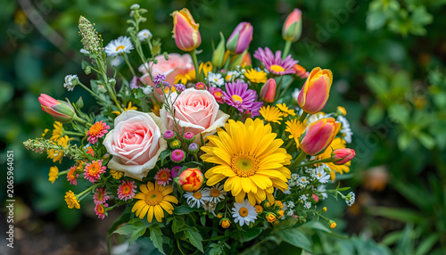 Colorful Spring Bouquet With Roses, Tulips and Daisies Fresh Floral Arrangement for Celebration and Decoration