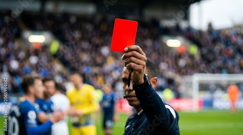 Referee holding up a red card during a soccer match with players in background