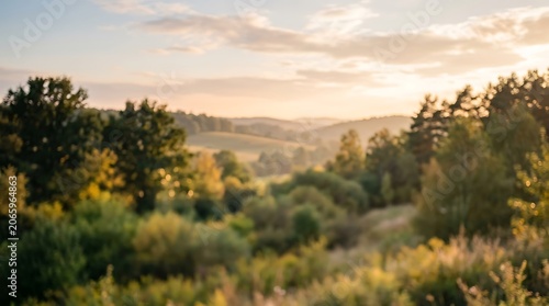 A serene landscape of trees and rolling hills at sunset with a blue sky