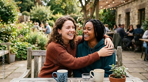 Two women sitting at a table in an outdoor cafe embracing
