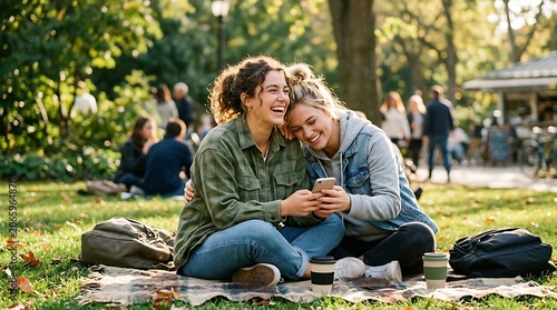Two young women sitting on a blanket in a park looking at a phone
