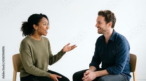 A woman and man sitting on chairs having a conversation isolated on white background