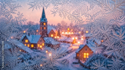 Winterliches Dorf mit Kirche hinter kunstvollen Eisblumen am Fenster. Romantische Weihnachten mit verschneiten Häusern, warmen Lichtern und festlicher Abendstimmung.
