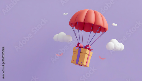 3D Red parachute carrying purple gift box flying through clouds. 3d render illustration