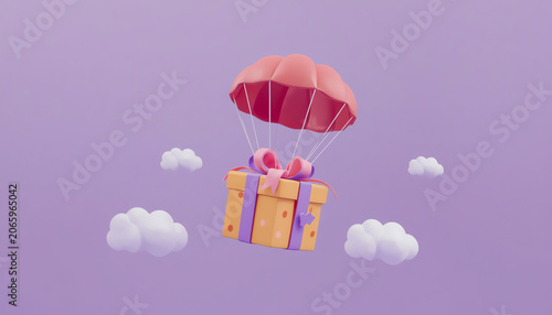 3D Red parachute carrying purple gift box flying through clouds. 3d render illustration