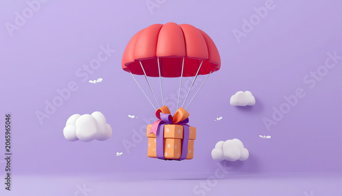 3D Red parachute carrying purple gift box flying through clouds. 3d render illustration