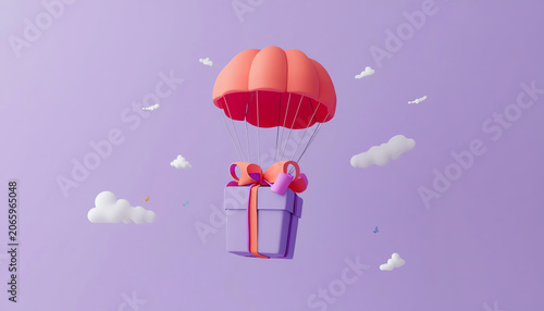 3D Red parachute carrying purple gift box flying through clouds. 3d render illustration