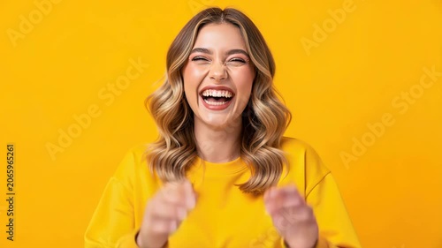 Joyful Laughter: A young woman with a radiant smile bursts into laughter, her eyes crinkling and hands outstretched in a moment of pure, unadulterated happiness against a vibrant yellow background.