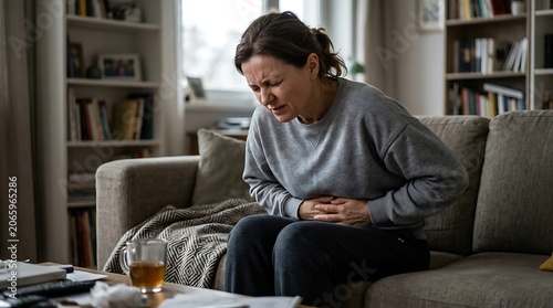 Woman sitting on a couch clutching her stomach in discomfort at home