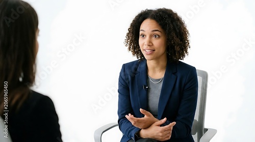 Businesswoman in blue blazer talking to another woman in a meeting