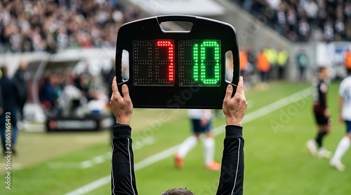 Soccer referee holding up a scoreboard with 1 minute of extra time