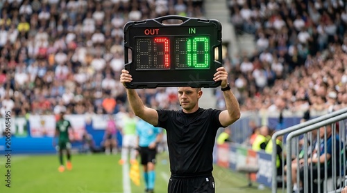 Soccer referee holding substitution board with 7 out and 0 in