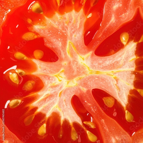 Extreme macro closeup of ripe red tomato interior slice showing juicy pulp, natural seed pattern, healthy food textures