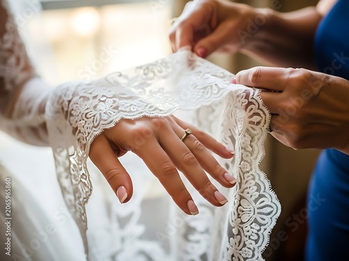Elegant Bride's Hand with Wedding Ring and Lace Sleeve Detail. Bridal Preparations on Wedding Day.