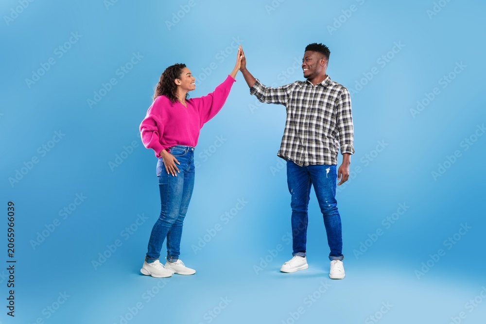 Fototapeta premium Joyful Emotion. Happy Young Black Man And Woman Giving High Five While Standing In Studio With Light Blue Background. Celebrating Success Together In A Fun And Energetic Atmosphere.