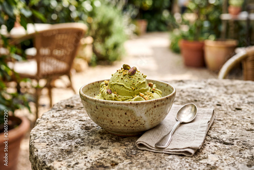 Luxury Pistachio Gelato Served in Artisan Ceramic Bowl