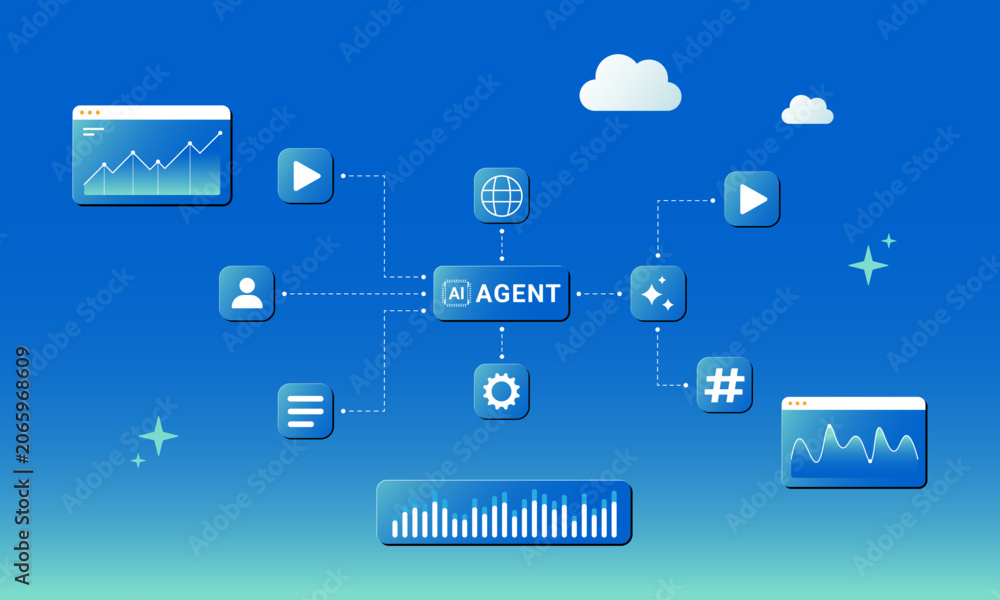 Naklejka premium Abstract concept of an AI agent connecting various digital services and data streams.