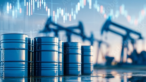 Blue Drum Oil Tanks in Row Near Pump Jacks for Energy Industry Finance