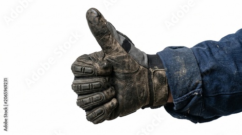Worker wearing a dirty protective glove giving a thumbs up gesture isolated on white background.