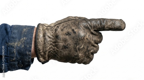 Hand in a dirty leather work glove pointing to the right on a white background.