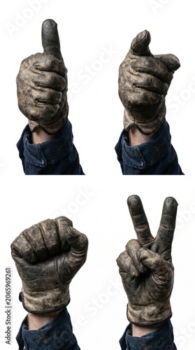 Set of hands wearing dirty leather work gloves making various gestures on a white background.