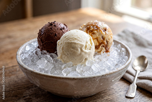 Premium Ice Cream Scoops on Crushed Ice Background