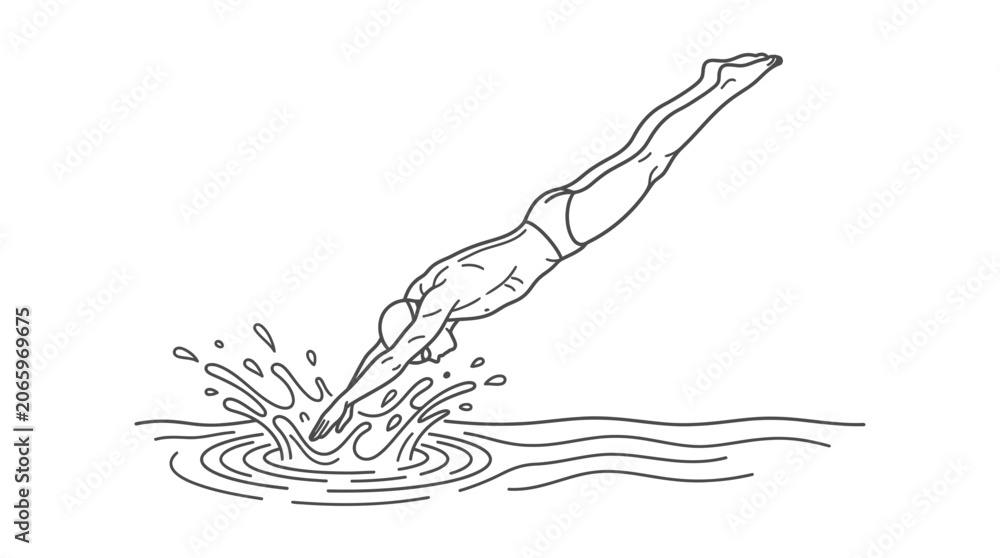 Fototapeta premium Diver Plunging into Water Splash, Line Art