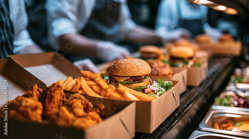 Professional Chefs Cooking Fried Chicken and Burgers for Delivery Service