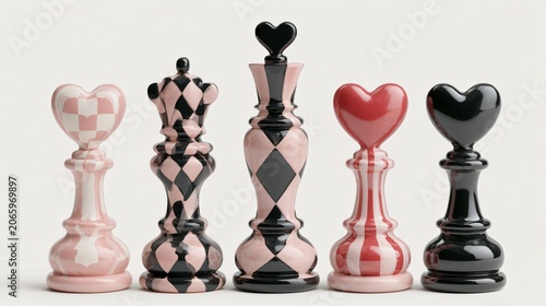 Stylish Chess Heart Motif Objects in Pink, Red, and Black Colors for Creative Designs